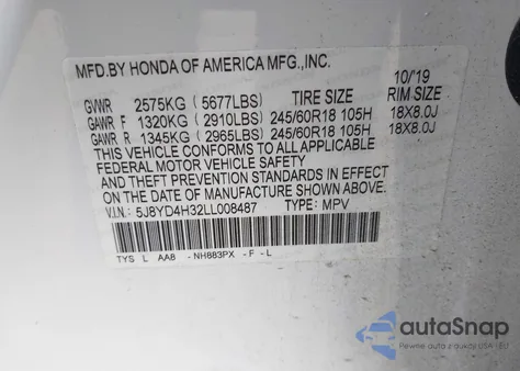 2020 Acura Mdx Standard из США, поврежденный, VIN 5J8YD4H32LL008487